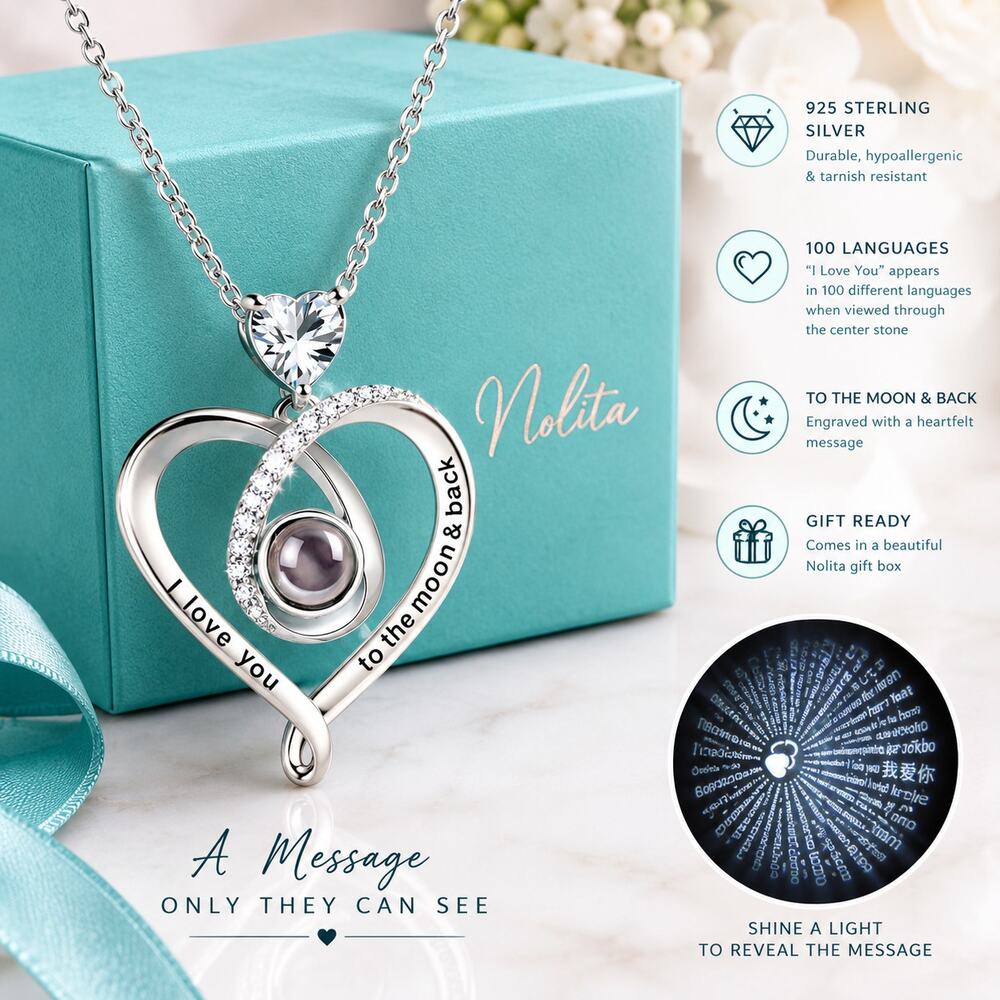 925 Sterling Silver 100 Languages I Love You Projection Heart Necklace Gift